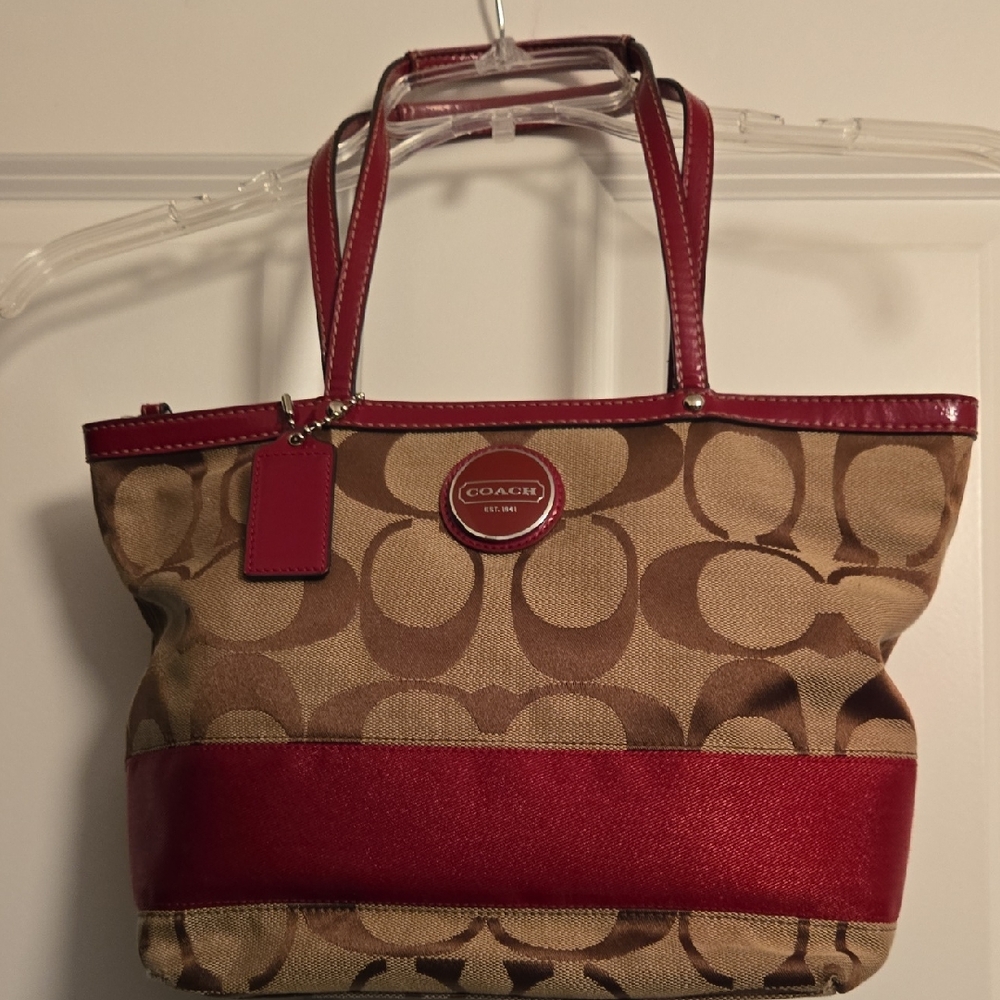Coach Red and Brown Signature Tote
